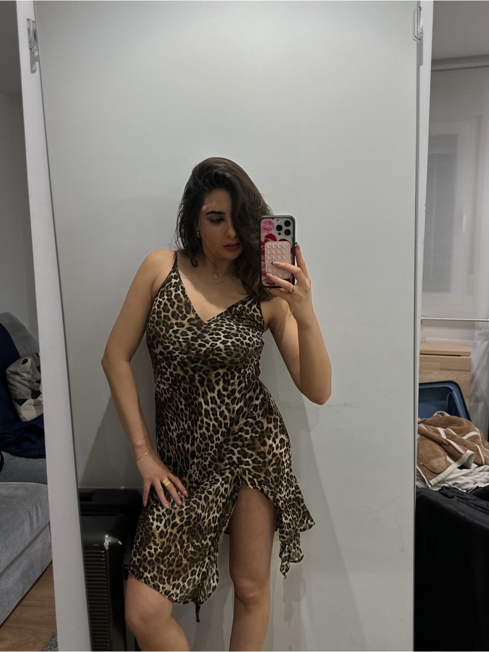 Leopard Print Slip Dress with Side Ruffle